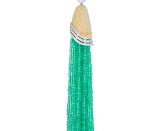 222 A Platinum, Opal and Emerald Necklace Featuring an organic carved opal suspending graduated emerald bead tassels, finished with round diamonds weighing approximately 1.54 carats Chain: 16 in., Pendant: 4 1/4 in. 25.0 grams gross Estimate: $4,500 - $6,500
