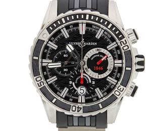323 Ulysse Nardin: A Stainless-Steel 'Marine Diver Chronograph' Watch Dial: 35.00 mm, round with baton hour markers and three subsidiary dials Case: 45.00 mm Case number: 1503-151 Closure: rubber band with butterfly clasp Signed: dial, case and clasp, with original paper Inner circumference: 8 in. 142.0 grams gross Estimate: $6,000 - $8,000