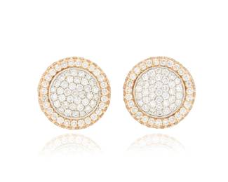 196 A Pair of 14K Bi-Color Gold and Diamond Earrings Of a circular pavé-set diamond button design, featuring concentric rows of round diamonds weighing approximately 1.00 carat 2 pieces Measures: 1/2 x 1/2 in. 5.2 grams gross Estimate: $1,000 - $1,500
