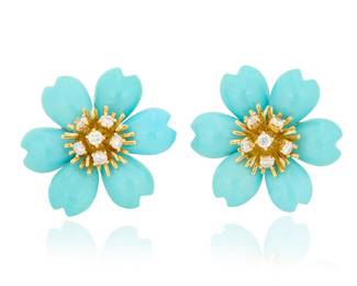 3 A Pair of 18K Gold, Turquoise and Diamond Earrings Of a flower design featuring petals of carved turquoise, centering twelve round diamonds 2 pieces Measures: 1 x 1 in. 20.5 grams gross Estimate: $2,800 - $3,500