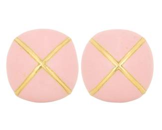 205 David Webb: A Pair of 18K Gold and Pink Enamel Earclips Of a domed crisscross design accented by pink enamel, signed Webb, style number 23365E, with Certificate of Authenticity 2 pieces Measures: 1 1/8 x 1 1/8 in. 50.6 grams gross Estimate: $7,000 - $10,000