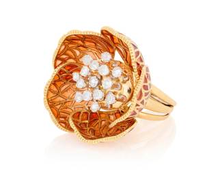 208 An 18K Gold, Plique-à-Jour Enamel and Diamond Ring Featuring five petals in a blossoming design accented by orange plique-a-jour enamel, centering fifteen rose-cut diamonds weighing approximately 1.50 carats Size: 7 1/4 34.2 grams gross Estimate: $4,000 - $6,000