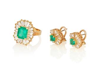 260 An 18K Gold, Emerald and Diamond Ring and Earring Set Of matching design with the ring centering an octagonal-cut emerald weighing approximately 2.46 carats and the earrings centering octagonal-cut emeralds weighing approximately 0.43 carat each all surrounded by ballerina style tapered baguettes weighing approximately 4.20 carats total 3 pieces Ring: 5 1/2, Earrings: 1/2 x 1/2 in. 13.9 grams gross Accompanied by GIA report #2235355141 and #5234355145, dated August 1, 2024, stating that the emeralds are of Colombian origin, with clarity enhancement (F2). Estimate: $6,000 - $8,000