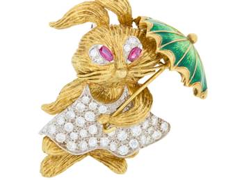 207 An 18K Bi-Color Gold, Enamel and Diamond Brooch Featuring a dressed rabbit dancing with a green enamel umbrella, accented by round diamonds weighing approximately 3.00 carats, finished with two marquise-shaped ruby eyes Measure: 30.7 grams gross 2 1/4 x 1 1/2 in. Estimate: $4,000 - $6,000