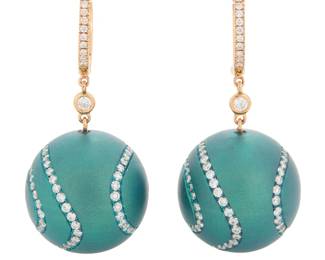 173 Alexis NY: A Pair of Titanium, 18K Rose Gold and Diamond Earrings Featuring a dangling sphere design in teal titanium, accented by swirls of round diamonds weighing approximately 1.31 carats, signed Alexis NY 2 pieces Measures: 1 1/4 x 5/8 in. 21.6 grams gross Estimate: $2,500 - $3,500