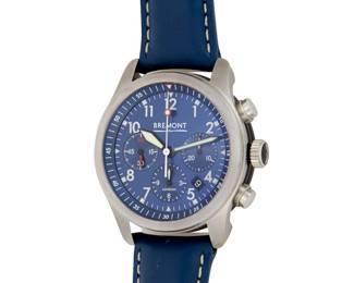 320 Bremont: A Stainless-Steel 'ALT1-P' Watch Dial: 35.00 mm, round blue dial with Panerai hour markers, with three subsidiary dials Model: Chronograph Case: 40.00 mm Case number: 113047 Closure: dark and light blue navy leather strap with buckle clasp Signed: dial, clasp and case Inner circumference: 7 - 8 3/4 in. 116.0 grams gross Estimate: $4,000 - $6,000