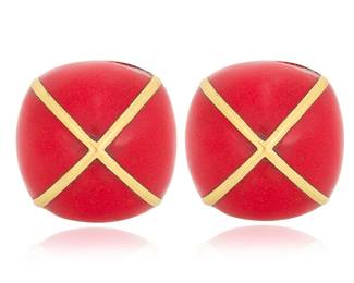 206 David Webb: A Pair of 18K Gold and Red Enamel Earclips Of a domed crisscross design accented by red enamel, signed Webb, style number 23365E, with Certificate of Authenticity 2 pieces Measures: 1 x 1 in. 46.96 grams gross Estimate: $7,000 - $10,000