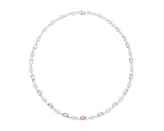 177 A Platinum, Pink Sapphire and Diamond Necklace Featuring thirteen pink sapphires 10.40 carats, accented by round and oval diamonds weighing approximately 10.15 carats Length: 17 in. 32.4 grams gross Accompanied by eleven Guild Gemological reports stating Madagascar origin with no heat treatment. Cert discussion Estimate: $8,000 - $12,000