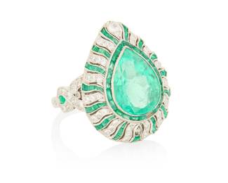 99 A Platinum, Emerald and Diamond Ring Featuring a pear-shaped emerald weighing approximately 4.15 carats, accented by round diamonds weighing approximately 0.50 carat total Size: 6 1/2 10.9 grams gross Estimate: $5,000 - $7,000