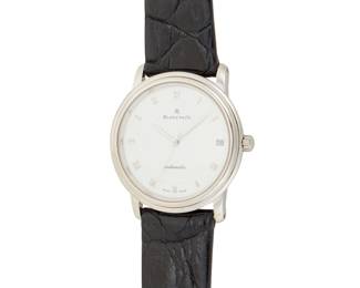 319 Blancpain: A Platinum 'Villeret' Watch Dial: 28.00 mm, round white dial with Roman numeral hour markers Case: 35.00 mm Case number: no.21 Closure: black leather strap with metal buckle clasp Signed: dial and case Inner circumference: 7 - 8 1/2 in. 59.2 grams gross Estimate: $5,000 - $7,000