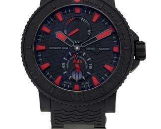 322 Ulysse Nardin: A Stainless-Steel ' Marine Diver Black Sea' Watch Dial: 35.00 mm, round with red baton hour markers Case: 45.00 mm Case number: 263-92 Closure: black rubber bracelet with butterfly clasp Signed: dial, case and strap Inner circumference: 8 in. 139.5 grams gross Estimate: $6,000 - $8,000