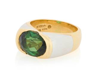 216 Marina B.: An 18K Bi-Color Gold and Green Tourmaline Ring Centering an oval green tourmaline measuring approximately 11.72 x 9.20 x 5.99 mm, accented by high polish panels of white and yellow gold, signed Marina B., C1528 Size: 6 1/2 13.5 grams gross Estimate: $3,500 - $5,500