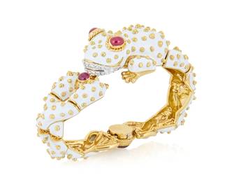166 David Webb: An 18K Gold, Platinum, Enamel and Ruby Frog Bracelet Of a Frog design accented by spiraling gold granulation and round diamonds finished with three oval cabochon rubies, signed Webb Inner Circumference: 6 in. 102.4 grams gross Estimate: $35,000 - $55,000