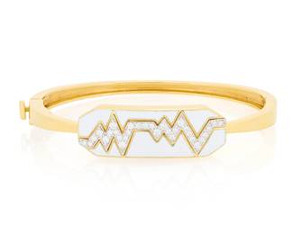 164 David Webb: An 18K Gold, Platinum, Enamel and Diamond 'Skip' Bracelet Of a high polish design centering a white enamel panel featuring a heart line skipping a beat, signed David Webb, no. HM582 Measures: 6 1/4 in. 25.5 grams gross Estimate: $6,000 - $8,000