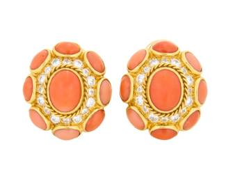 7 Bulgari: A Pair of 18K Gold, Coral and Diamond Earrings Featuring eighteen oval coral cabochons accented by round diamonds, signed Bulgari 2 pieces Measures: 7/8 x 3/4 in. 16.0 grams gross Estimate: $8,000 - $12,000