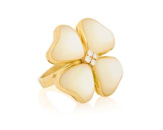14 Gucci: An 18K Gold and Mother-of-Pearl Ring Of a clover design featuring mother-of-pearl inlay centering four round diamonds, signed Gucci, Italy Size: 6 1/2 12.9 grams gross Estimate: $1,800 - $2,200