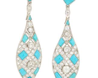 237 A Pair of Platinum, Turquoise and Diamond Earrings Of a lattice design set with turquoise cabochons, accented by round and old European-cut diamonds weighing approximately 2.30 carats 2 pieces Measures: 1 3/4 x 1/2 in. 10.2 grams gross Estimate: $4,500 - $5,500