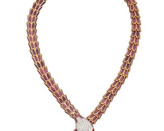 171 Alexis NY: An 18K Gold-Plated, Sterling Silver, Enamel and Diamond Serpent Necklace Of an articulated design featuring purple swirling enamel accented by round diamonds and two marquise-shaped rubies, signed Alexis NY Length: 20 in. (adjustable) 143.4 grams gross Estimate: $6,000 - $8,000