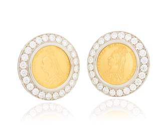 140 Bulgari: A Pair of Bi-Color Gold Coin 'Monete' Earrings Centering two 20k gold British Queen Victoria Jubilee Sovereign coin, Sterlina-Regina Victoria 1888, encircled by round diamonds weighing approximately 8.65 carats, set in white gold frames, signed Bulgari, Roma 2 pieces Measures: 1 1/4 in. 52.3 grams gross Estimate: $30,000 - $50,000
