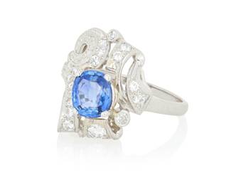 252 A Platinum, Sapphire and Diamond Ring Centering a cushion-cut sapphire weighing approximately 2.16 carats, accented by old European-cut and single-cut diamonds weighing approximately 0.90 carat Size: 9 9.9 grams gross Estimate: $2,000 - $3,000