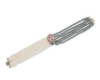 61 Rene Bovin: An 18K White Gold, Cultured Pearl and Kunzite Necklace Featuring a clasp centering a cushion mixed-cut kunzite weighing approximately 31.28 carats accented by round kunzites and round diamonds weighing approximately 1.80 carats, finished with grey and white cultured pearls measuring approximately 6.30 mm, can become a single bracelet, with French assay marks, accompanied by Certificate of Authenticity Measures: 13 in., as Bracelet: 7 in. 144.3 grams gross Estimate: $12,000 - $18,000