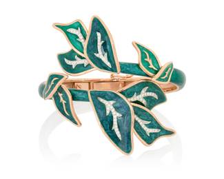 172 Alexis NY: An 18K Rose Gold-Plated, Sterling Silver and Enamel Bracelet Of a gold-plated hinged design featuring a vine motif of green and blue enamel, accented by round diamonds, signed Alexis NY, 05280 Inner Circumference: 6 1/2 in. 44.8 grams gross Estimate: $3,500 - $5,500