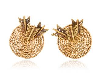 273 A Pair of 14K Gold Earrings Featuring three arrows piercing twisted gold targets 2 pieces Measures: 1 x 1 in. 16.6 grams gross Estimate: $1,800 - $2,200