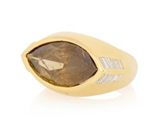 212 David Webb: An 18K Gold, Colored Diamond and Diamond Ring Centering a marquise-shaped brown diamond weighing approximately 6.00 carats, accented by sixteen baguette diamonds weighing approximately 0.65 carats, signed David Webb Size: 7 13.3 grams gross Estimate: $9,000 - $12,000