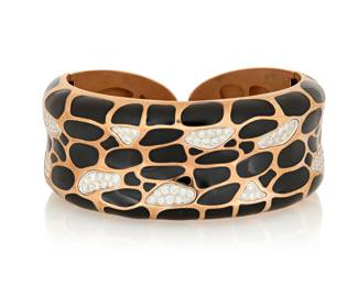 85 Alexis NY: An 18K Rose Gold-Plated, Sterling Silver, and Enamel Bracelet Of a rose gold-plated design featuring organic spot motifs of black enamel accented by round diamonds weighing approximately 2.40 carats, signed Alexis NY, 052527 Inner Circumference: 6 in. 92.3 grams gross Estimate: $3,500 - $5,500