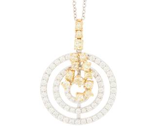 213 An 18K Bi-Color Gold, Diamond and Colored Diamond Necklace Featuring an open link chain suspending a tiered circular pendant set with round and oval near-colorless and yellow diamonds weighing approximately 4.40 carats Chain: 17 in., Pendant: 1 1/2 in. 11.3 grams gross Estimate: $2,500 - $3,500