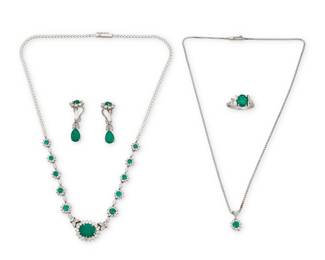 194 A Group of 18K White Gold, Platinum, Diamond and Emerald Jewelry Including two necklaces, one ring, one pair of earrings, centering oval, pear-shaped and round emeralds weighing approximately 11.36 carats, accented by round, marquise-shaped and baguette diamonds approximately 5.04 carats, set in 12k gold, 18k gold, and platinum 5 pieces Necklace: 15 in. and 16 in., Earrings: 1 3/8 in., Ring Size: 8 1/4 39.9 grams gross This lot is offered at no reserve. Estimate: $3,500 - $4,500