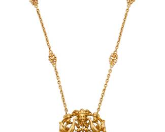 21 Wiese: An 18K Gold and Cultured Pearl Necklace Featuring an ornate scrolling design featuring a cherub and bird design, suspended from a fancy link chain, signed Wiese, with original fitted box Length: 16 in., Pendant: 2 x 2 in. 56.1 grams gross Estimate: $12,000 - $18,000