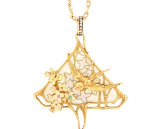 17 Leopold Gautrait : An Art Nouveau 18K Gold, Plique-à-Jour Enamel and Diamond Pendant Necklace Centering a triangular-shaped pendant with bird and floral motifs, featuring plique-à-jour enamel, diamonds, and gemstones, signed L. Gautrait Chian: 24 in., Pendant: 2 x 1 5/8 in. 20.0 grams gross Estimate: $4,000 - $6,000