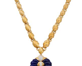 203 David Webb: An 18K Gold, Lapis Lazuli and Diamond Necklace Featuring a graduated swirling link design suspending a large carved lapis lazuli pendant accented by round diamonds weighing approximately 2.45 carats, chain with partial Webb Signature, pendant signed Webb, JP25 Chain: 22 in., Pendant: 2 1/2 x 2 1/2 in. 290.1 grams gross Estimate: $40,000 - $60,000