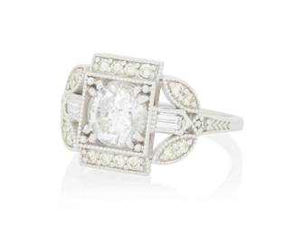 226 A 14K White Gold and Diamond Ring Of a Geometric floral design centering a round diamond weighing approximately 1.34 carats, accented by round and baguette diamonds Size: 7 4.4 grams gross Estimate: $1,200 - $1,800