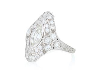 178 A Platinum and Diamond Ring Centering a marquise-shaped diamond weighing approximately 0.80 carat, set in an ornate mount finished with old European-cut diamonds weighing approximately 1.30 carats Size: 6 3/4 4.9 grams gross Estimate: $4,000 - $6,000