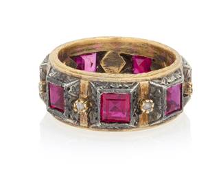 36 Buccellati: A 14K Gold, Silver and Ruby Ring Featuring seven square step-cut rubies accented by rose-cut diamond and a scrolling etched design, signed M. Buccellati Size: 5 8.3 grams gross Estimate: $6,000 - $8,000
