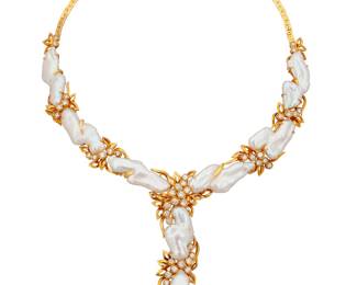 163 An 18K Gold, Baroque Cultured Pearl and Diamond Necklace Of a cascading design featuring baroque cultured pearls accented by foliate motifs set with round diamonds weighing approximately 3.30 carats Length: 17 in. 65.4 grams gross Estimate: $5,000 - $7,000