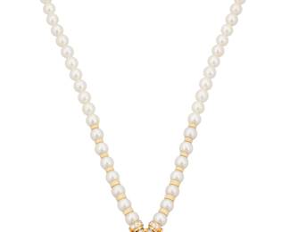 58 A Gold, Emerald, Cultured Pearl and Diamond Necklace Featuring a single strand of cultured Pearls measuring approximately 7.10 - 7.40 mm, centering a shield-shaped pendant set with round diamonds weighing approximately 2.30 carats, ad a pear-shaped emerald weighing approximately 2.50 carats Length: 17 in. 44.4 grams gross Accompanied by a AGL Report numbered #1158152, dated July 9, 2026, stating the Emerald as natural Beryl of Colombian origin with Minor to Moderate Modern clarity enhancement. Estimate: $3,500 - $5,500