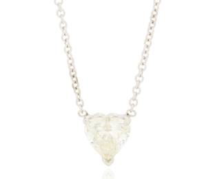 247 A 14K White Gold and Diamond Necklace Centering a heart-shaped diamond weighing approximately 1.50 carats, suspended from an open link chain Length: 18 1/2 in. 3.6 grams gross Estimate: $2,500 - $3,500