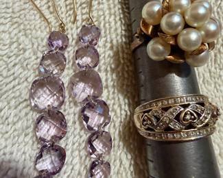14k amethyst earrings; vintage 14k pearl cluster ring; 10k white gold ring