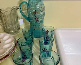 Antique Blue Jefferson Pitcher & Glasses