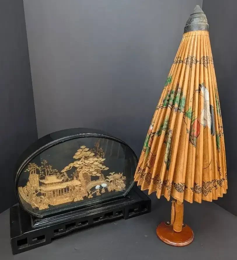 AM001 Chinese Cork Carving Diorama and Asian Rice Paper Bamboo Parasol