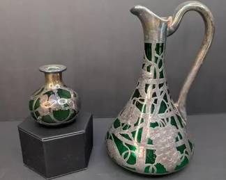 DR011 Sterling Silver Overlay Glass Pitcher and Bud Vase Pair