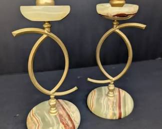 AM002 Pair of Waterford Crystal Green Onyx and Twisted Brass Candlestick Holders