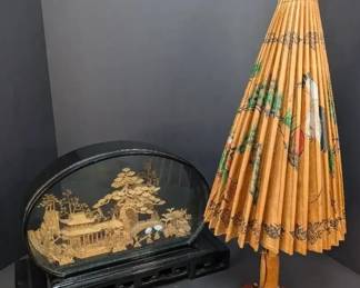 AM001 Chinese Cork Carving Diorama and Asian Rice Paper Bamboo Parasol