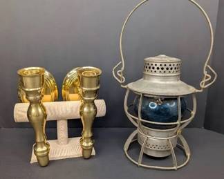 CL013 Railroad Blue Lantern and Brass Wall Sconces