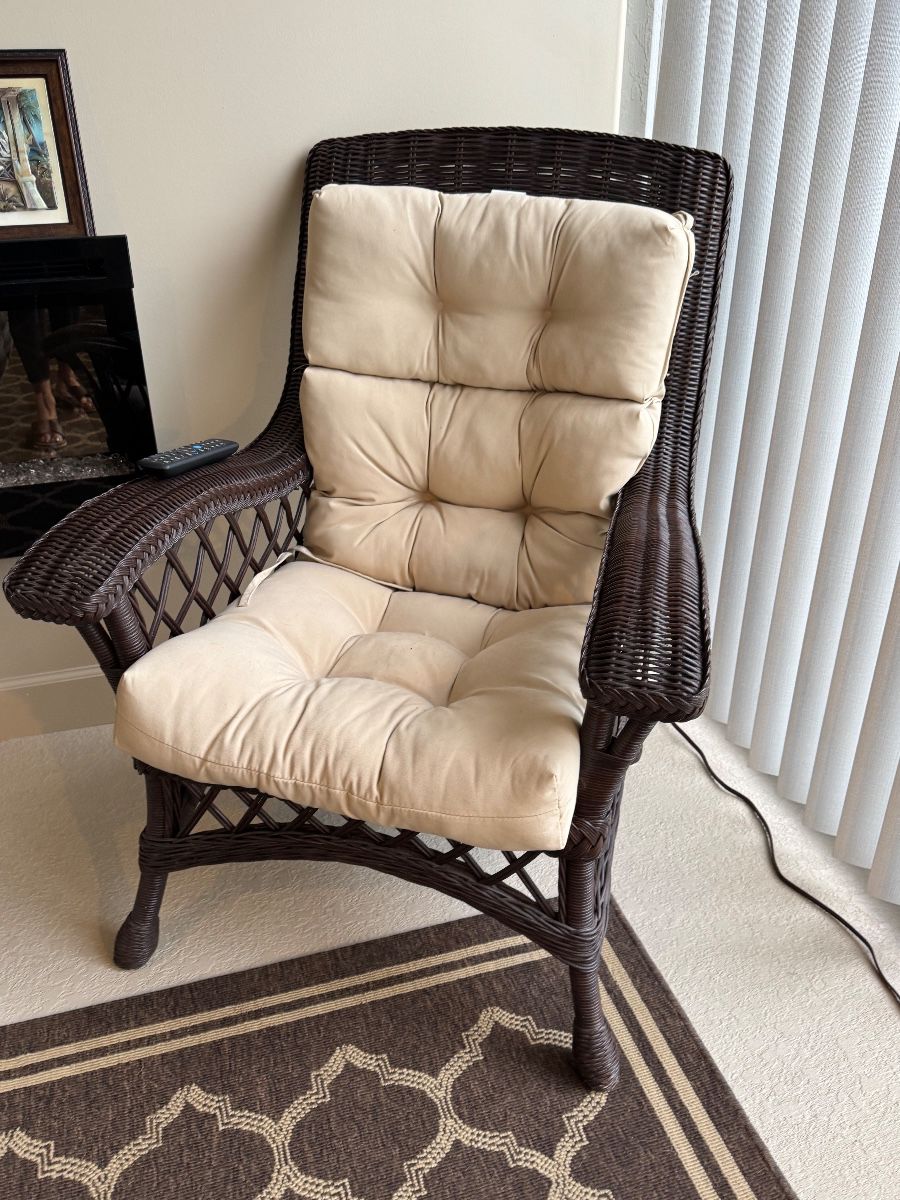 HIGH-BACK WICKER LOUNGE CHAIRS — 2 MATCHING: High-Back Wicker Lounge Chairs • Dark Brown Woven Wicker • Cream Tufted Cushion