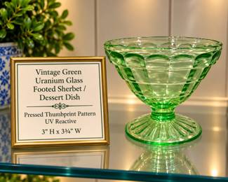 Vintage Green Uranium Glass Footed Sherbet / Dessert Dish Pressed Thumbprint Pattern • UV Reactive 3” H × 3¾” W