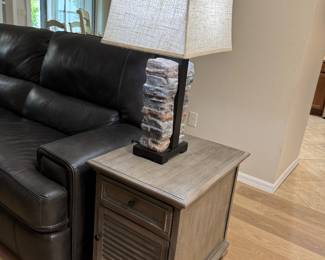 MAGNUSSEN HOME LANCASTER CHAIRSIDE END TABLES: Lancaster Collection • Grey Finish • Weathered Bronze Hardware • Side-Mount Ball-Bearing Drawer Guides • Storage Drawer • Louvered Wood Cabinet Door • 18”W × 24”D × 24”H
